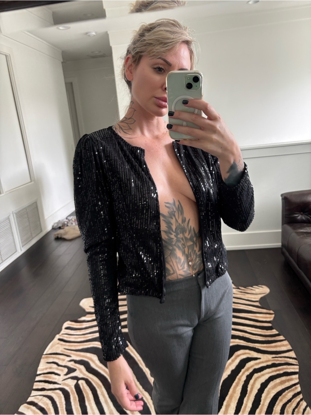 Black Sequin Open-Front Women's Jacket - Picture 4 of 5